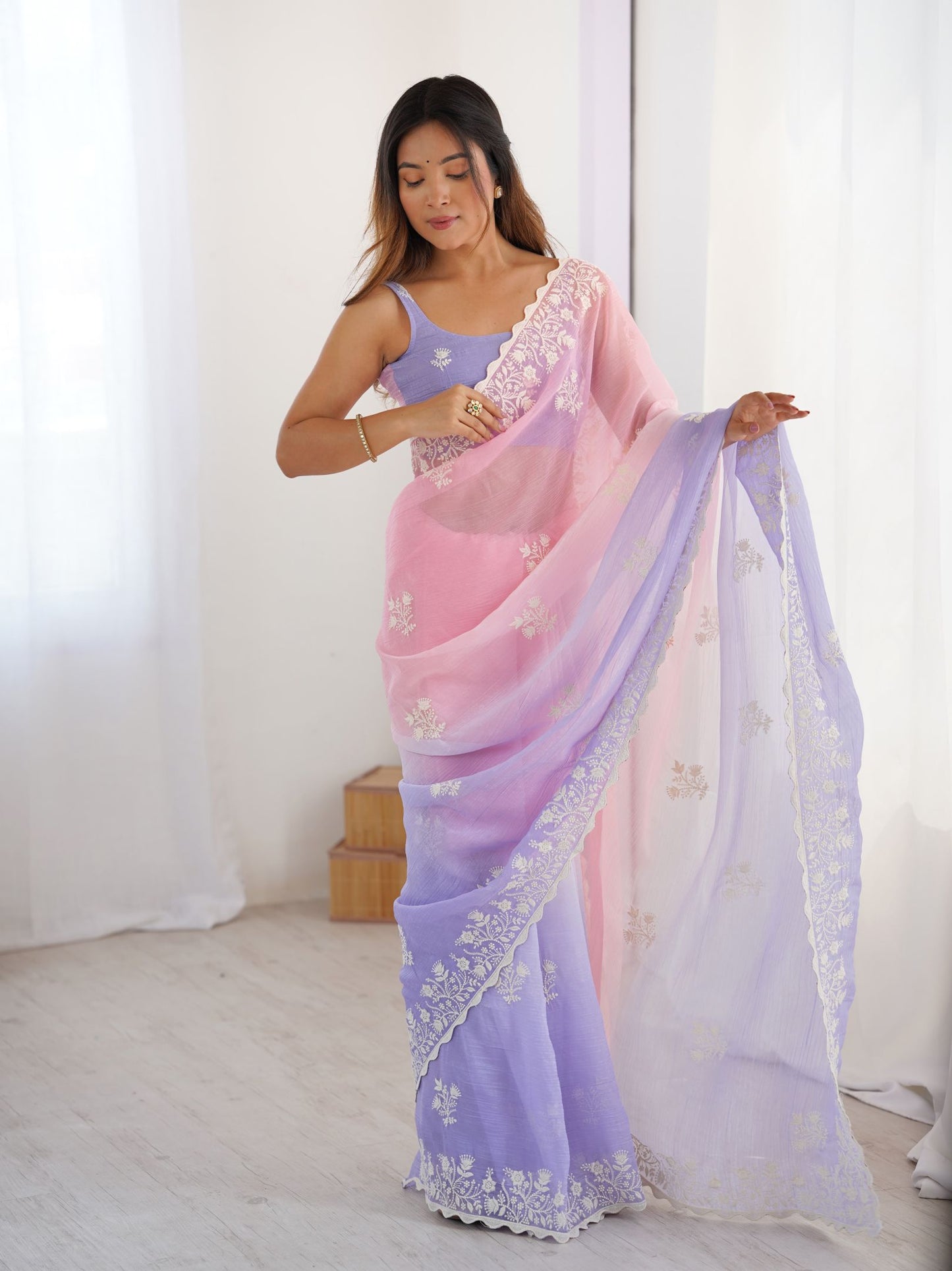 Pink Crunchy Silk Party Wear Saree with Lavender Blouse