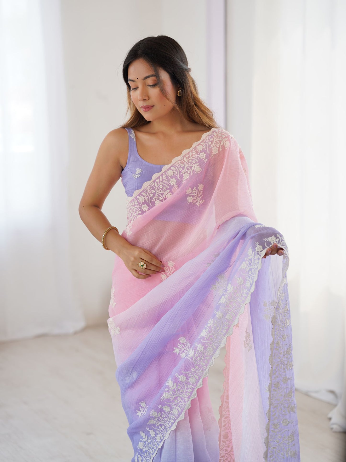Pink Crunchy Silk Party Wear Saree with Lavender Blouse