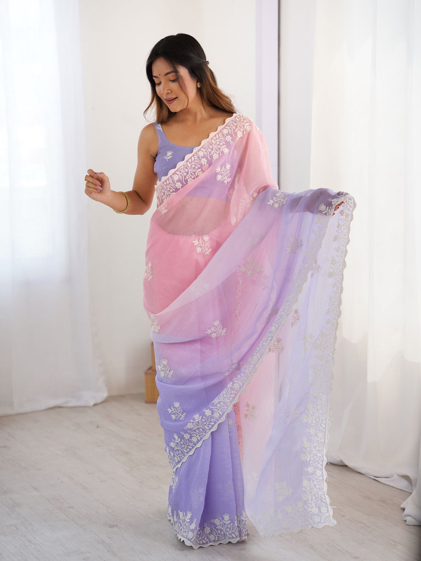 Pink Crunchy Silk Party Wear Saree with Lavender Blouse