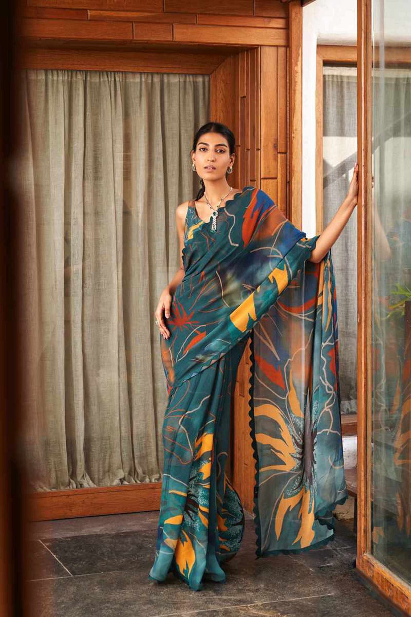 Green Bright Moss Digital Printed Party Wear Saree