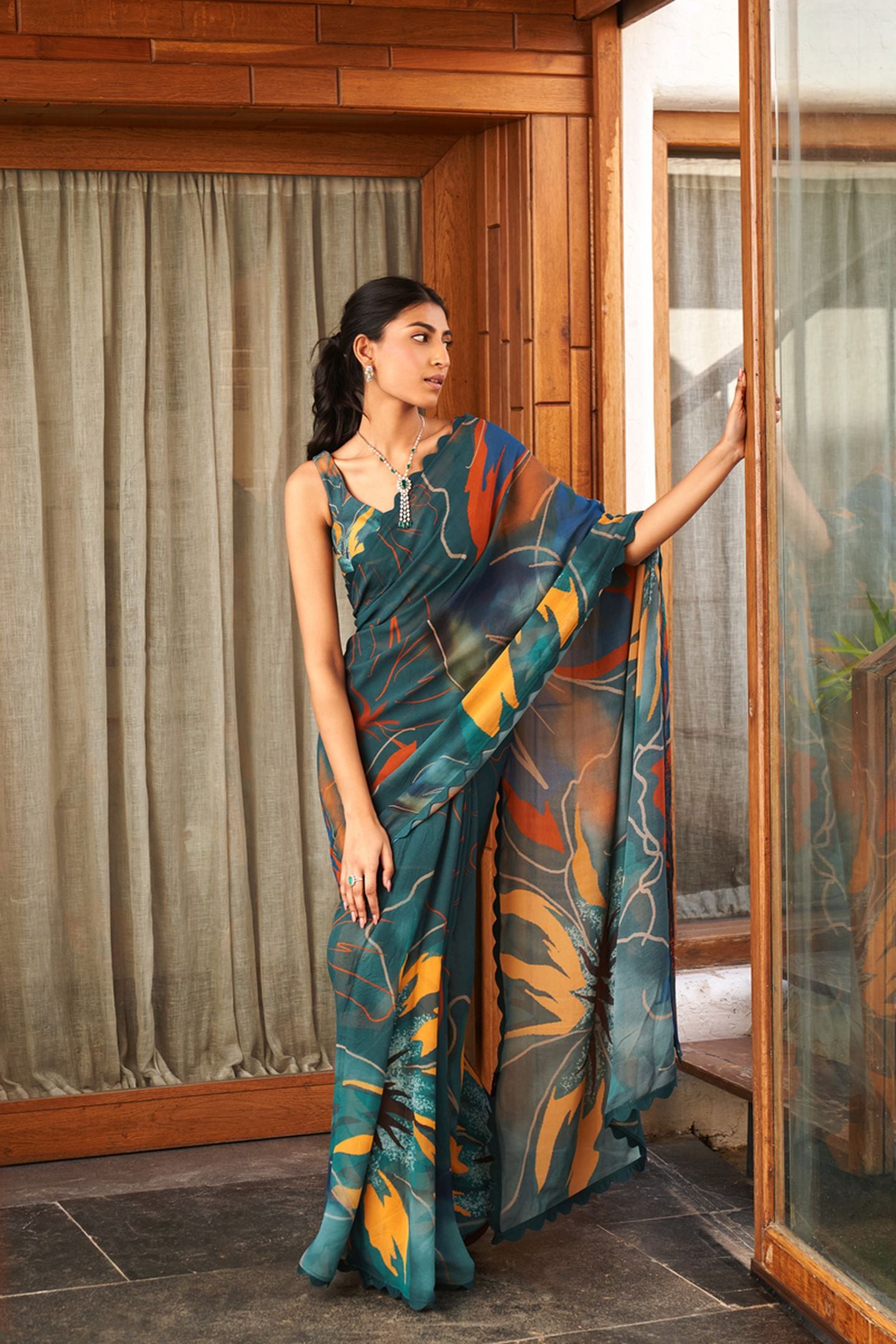 Green Bright Moss Digital Printed Party Wear Saree