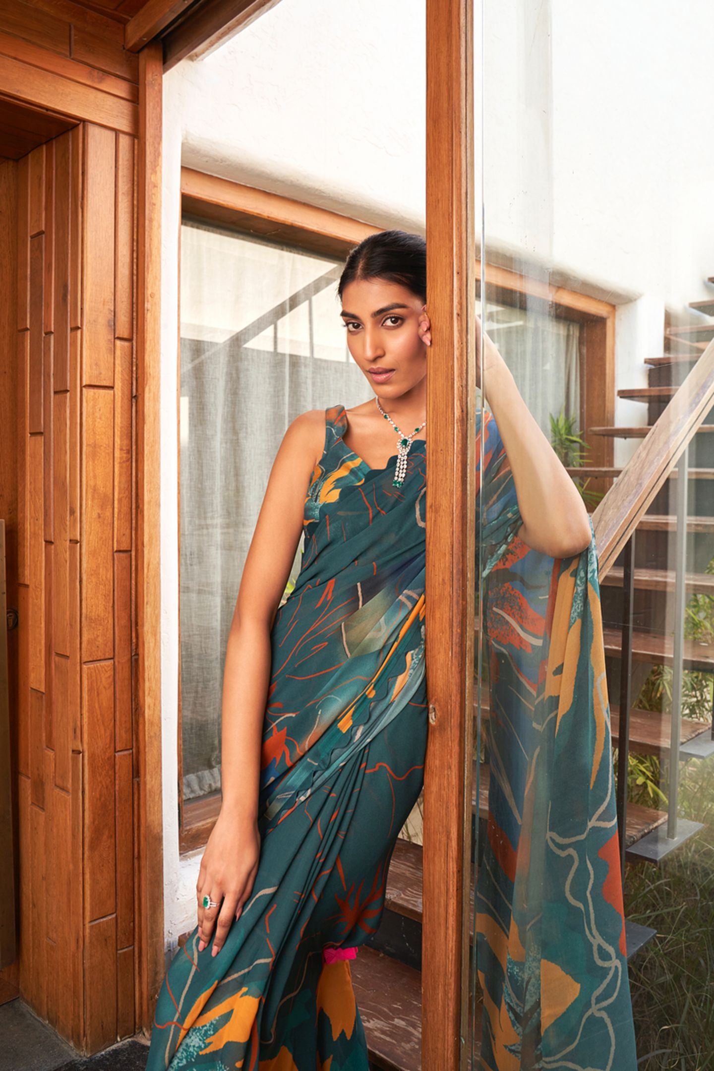 Green Bright Moss Digital Printed Party Wear Saree