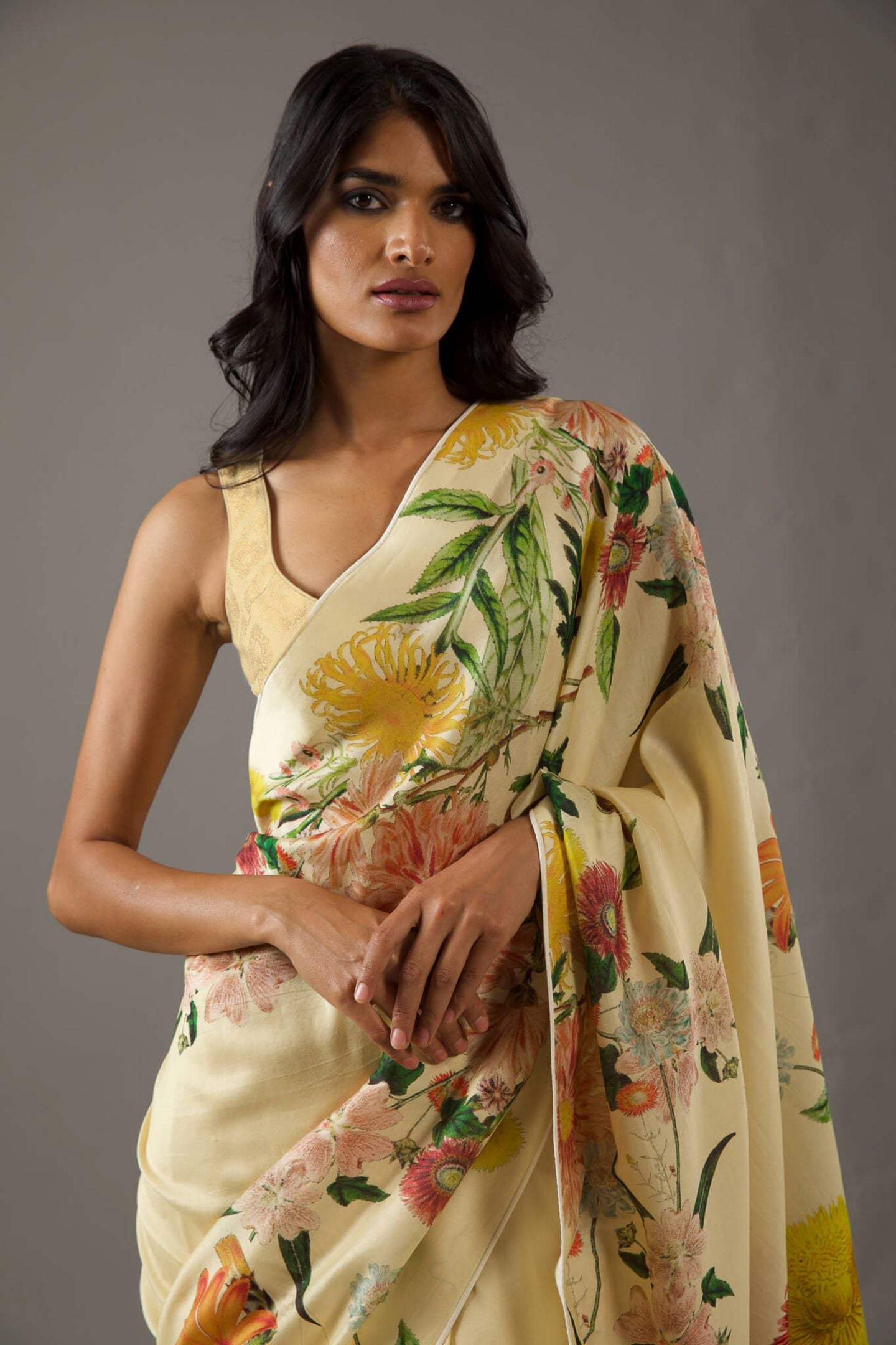 Yellow Bright Moss Digital Printed Party Wear Saree