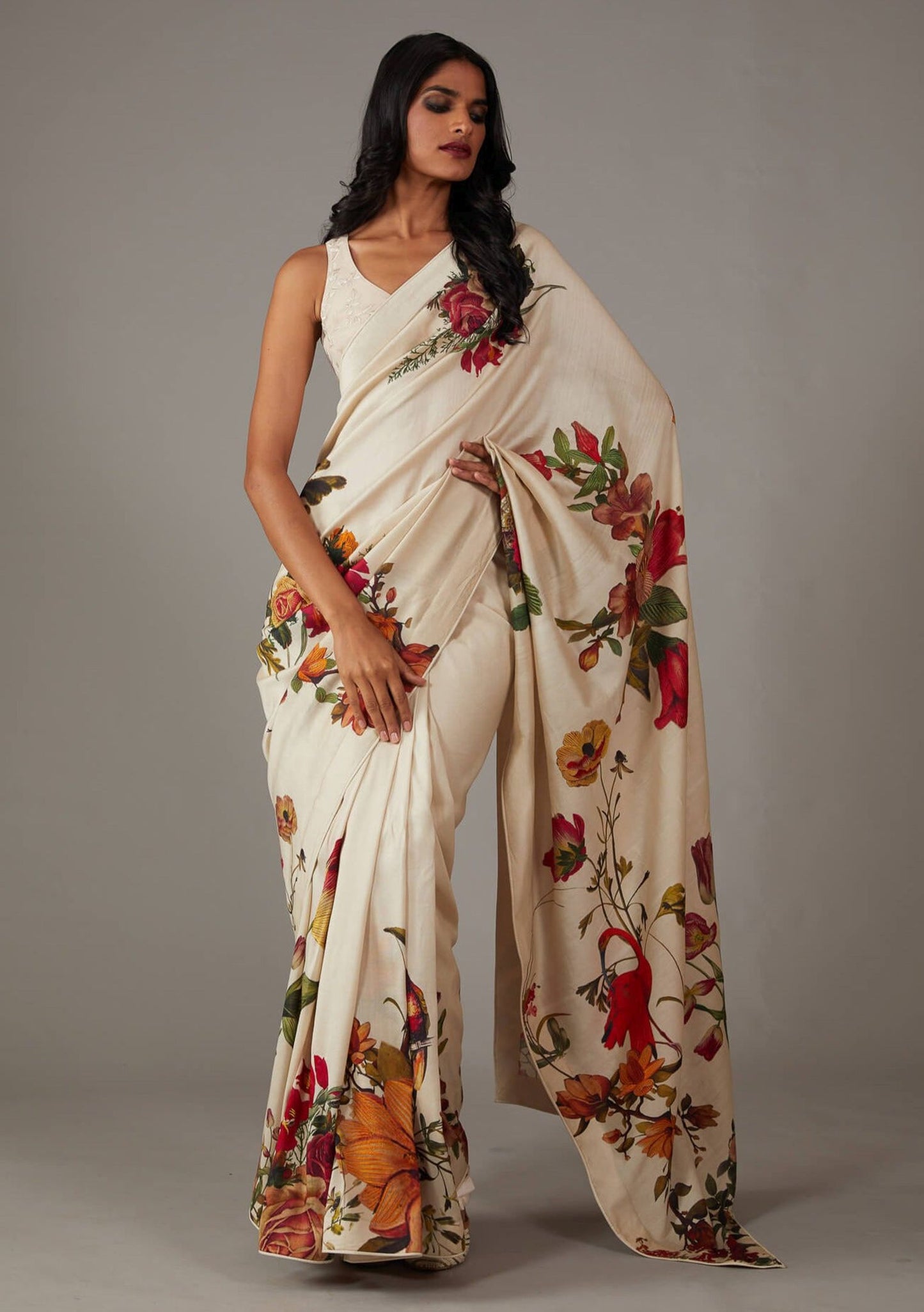 Off White Bright Moss Digital Printed Party Wear Saree