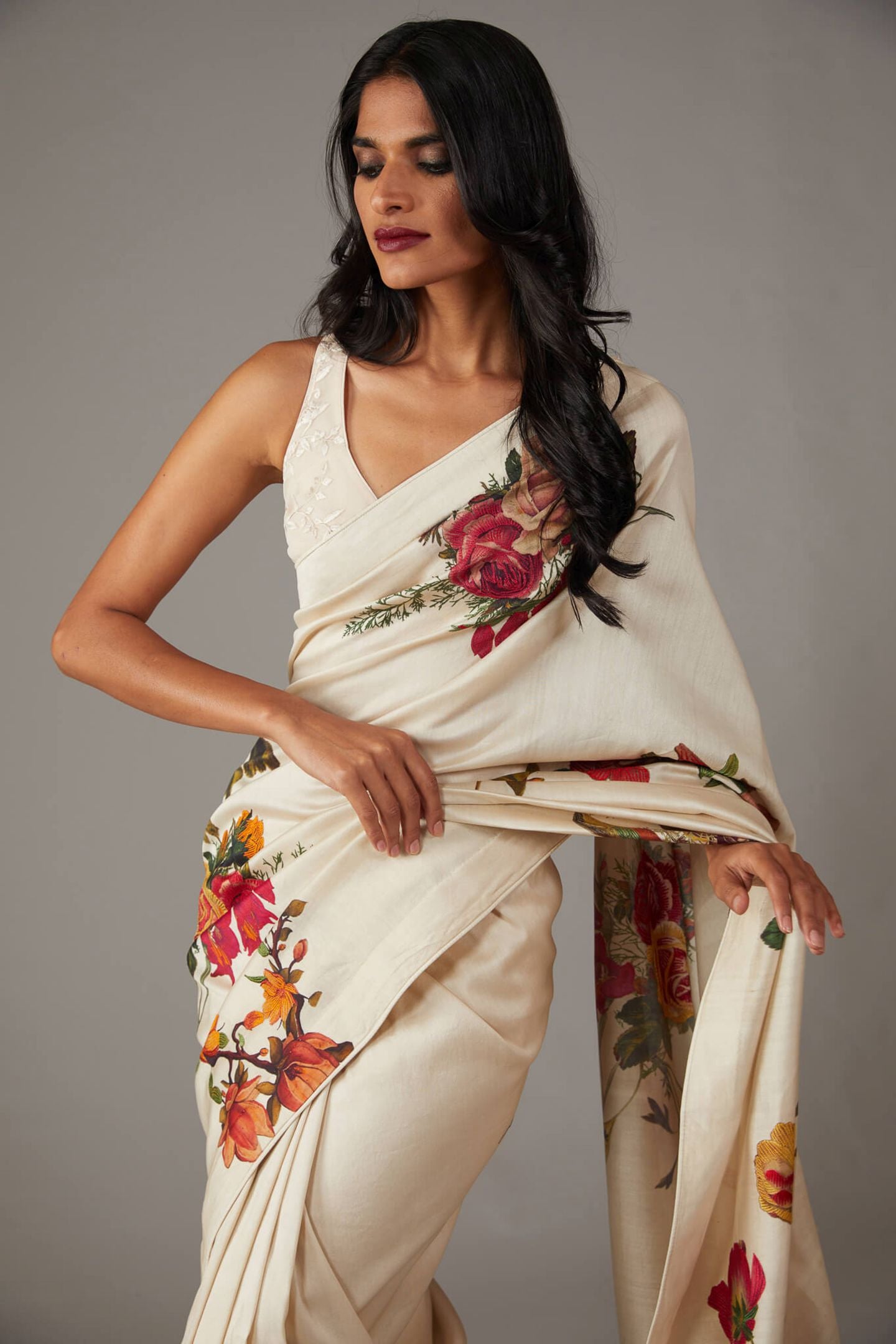 Off White Bright Moss Digital Printed Party Wear Saree