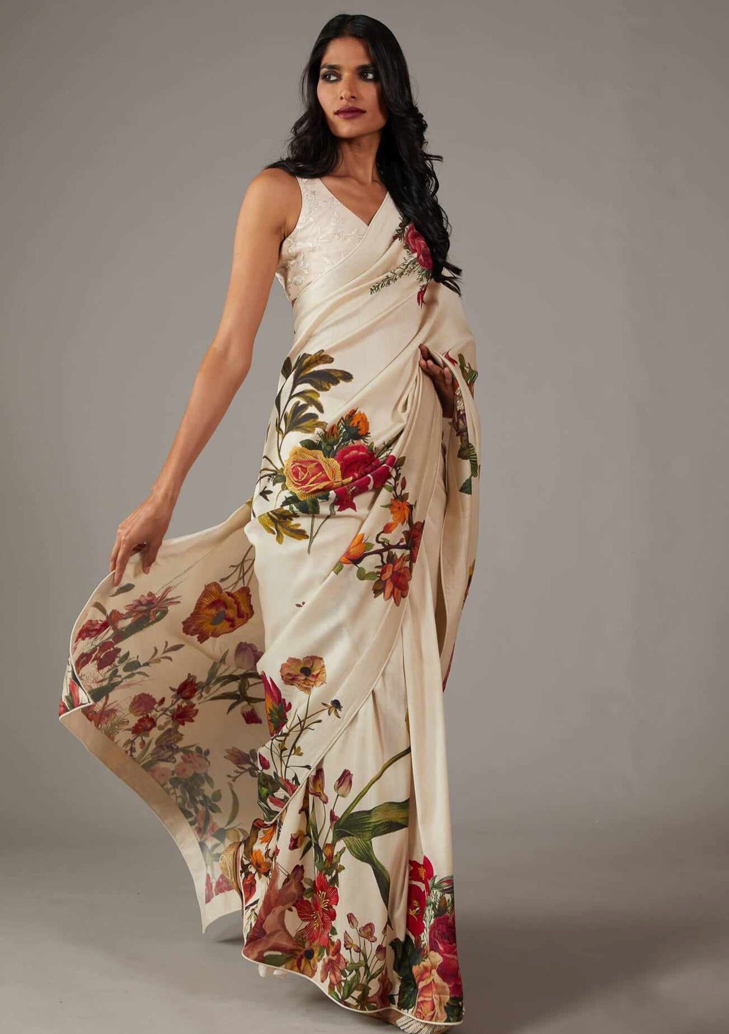 Off White Bright Moss Digital Printed Party Wear Saree
