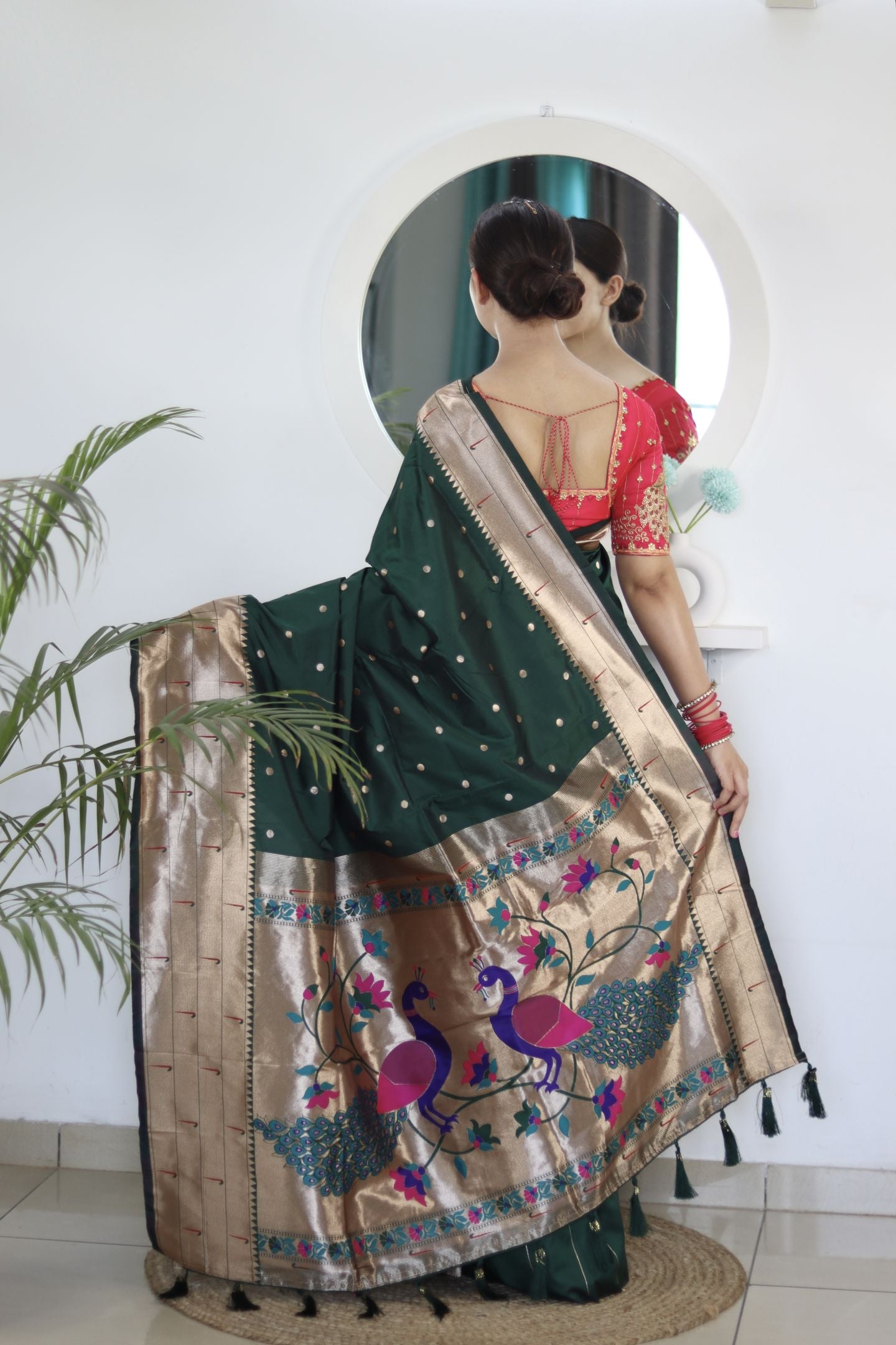 Green Paithani Silk Saree: Woven Jacquard Designer, Embroidery Work Blouse