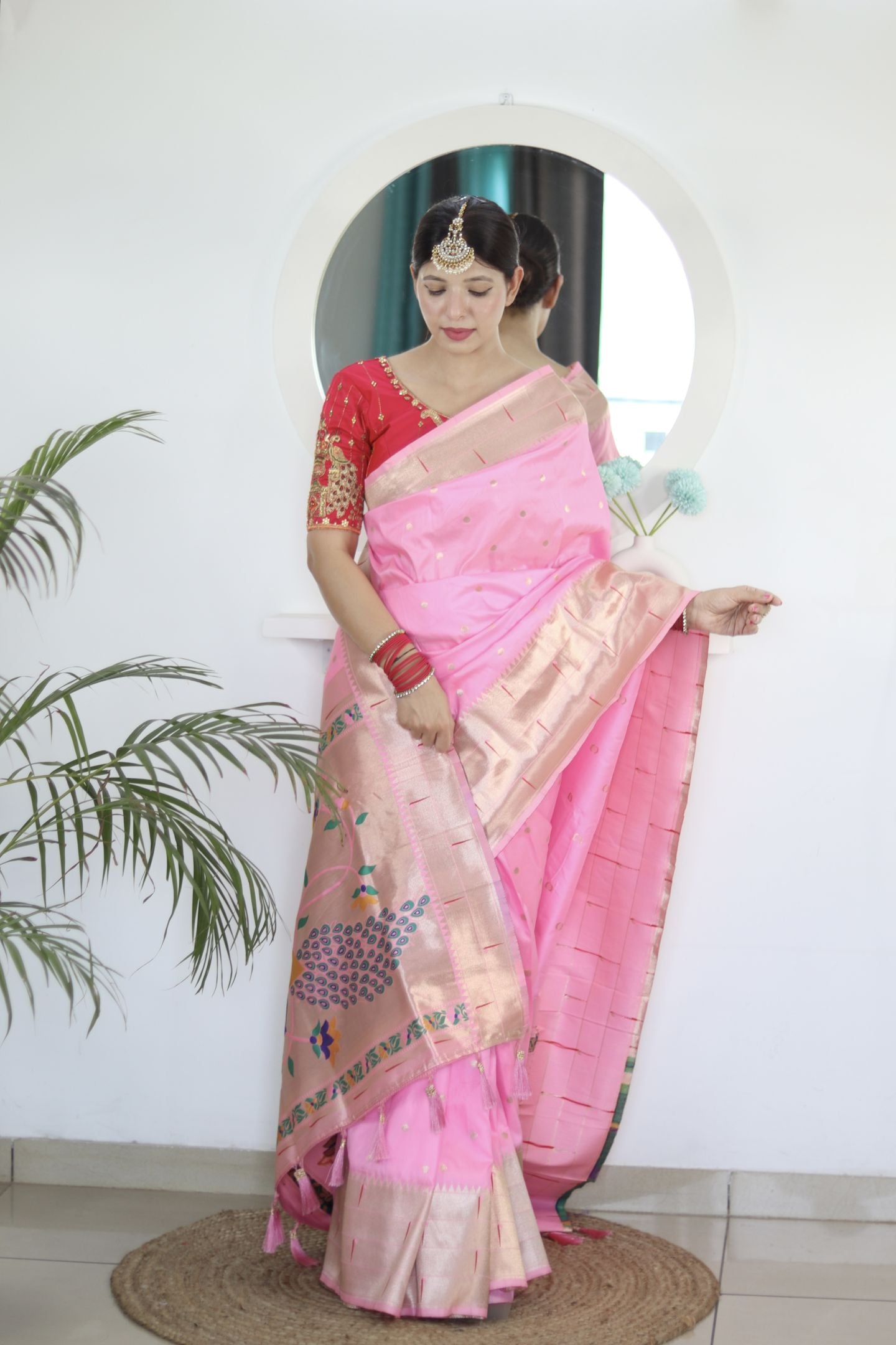 Pink Paithani Silk Saree: Woven Jacquard Designer, Embroidery Work Blouse