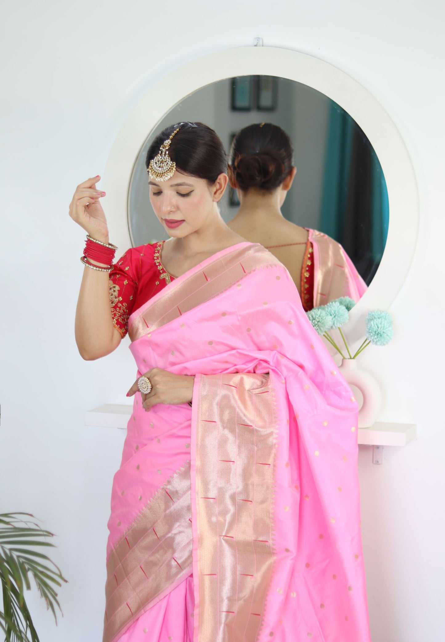 Pink Paithani Silk Saree: Woven Jacquard Designer, Embroidery Work Blouse