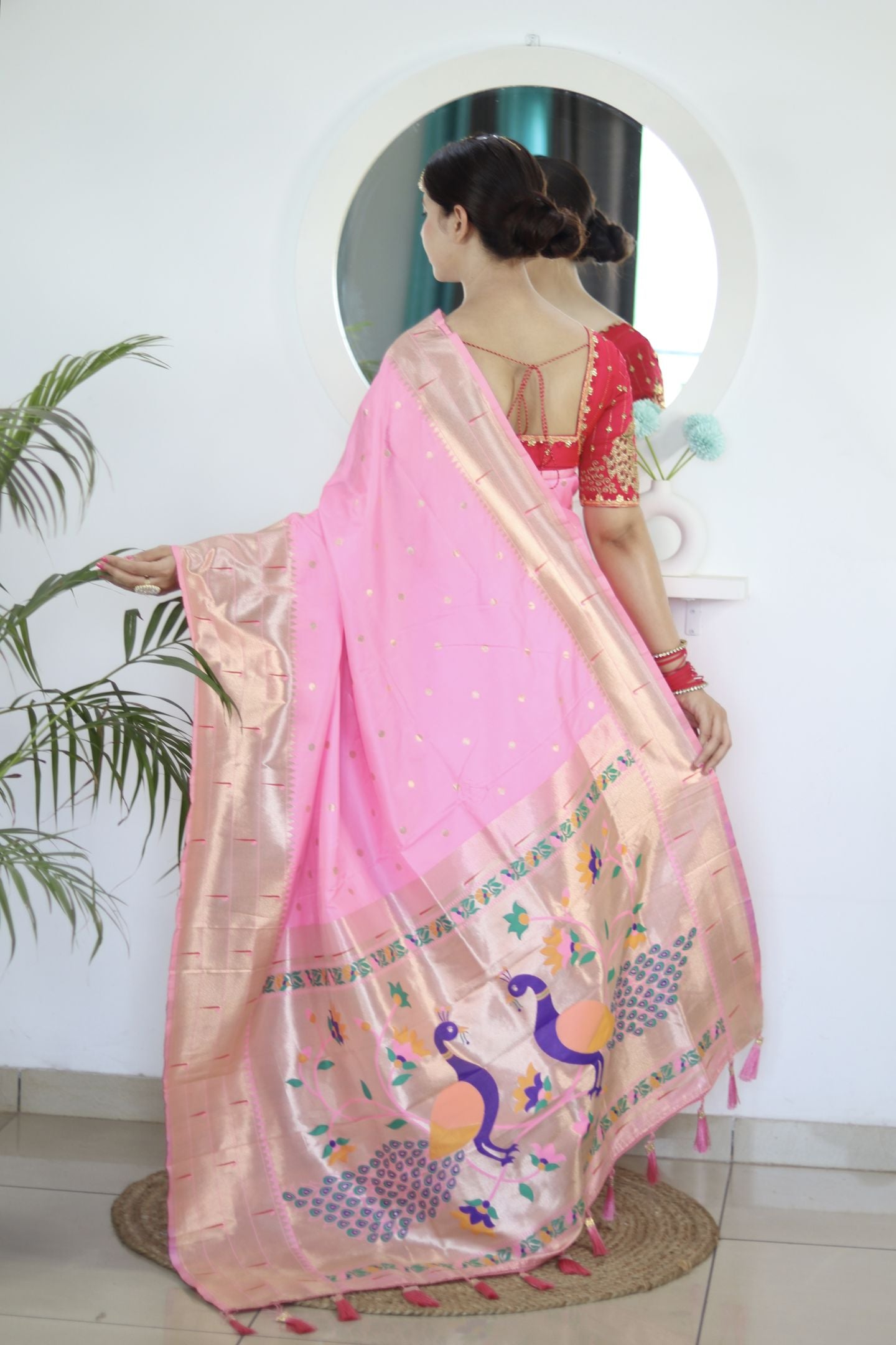 Pink Paithani Silk Saree: Woven Jacquard Designer, Embroidery Work Blouse