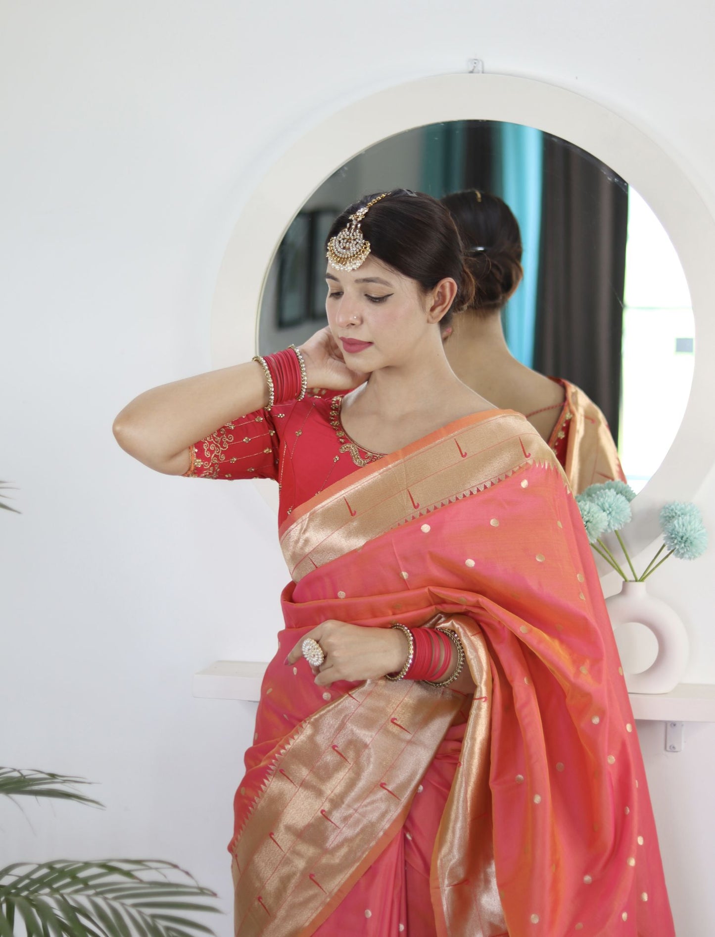 Gajri Paithani Silk Saree: Woven Jacquard Designer, Embroidery Work Blouse