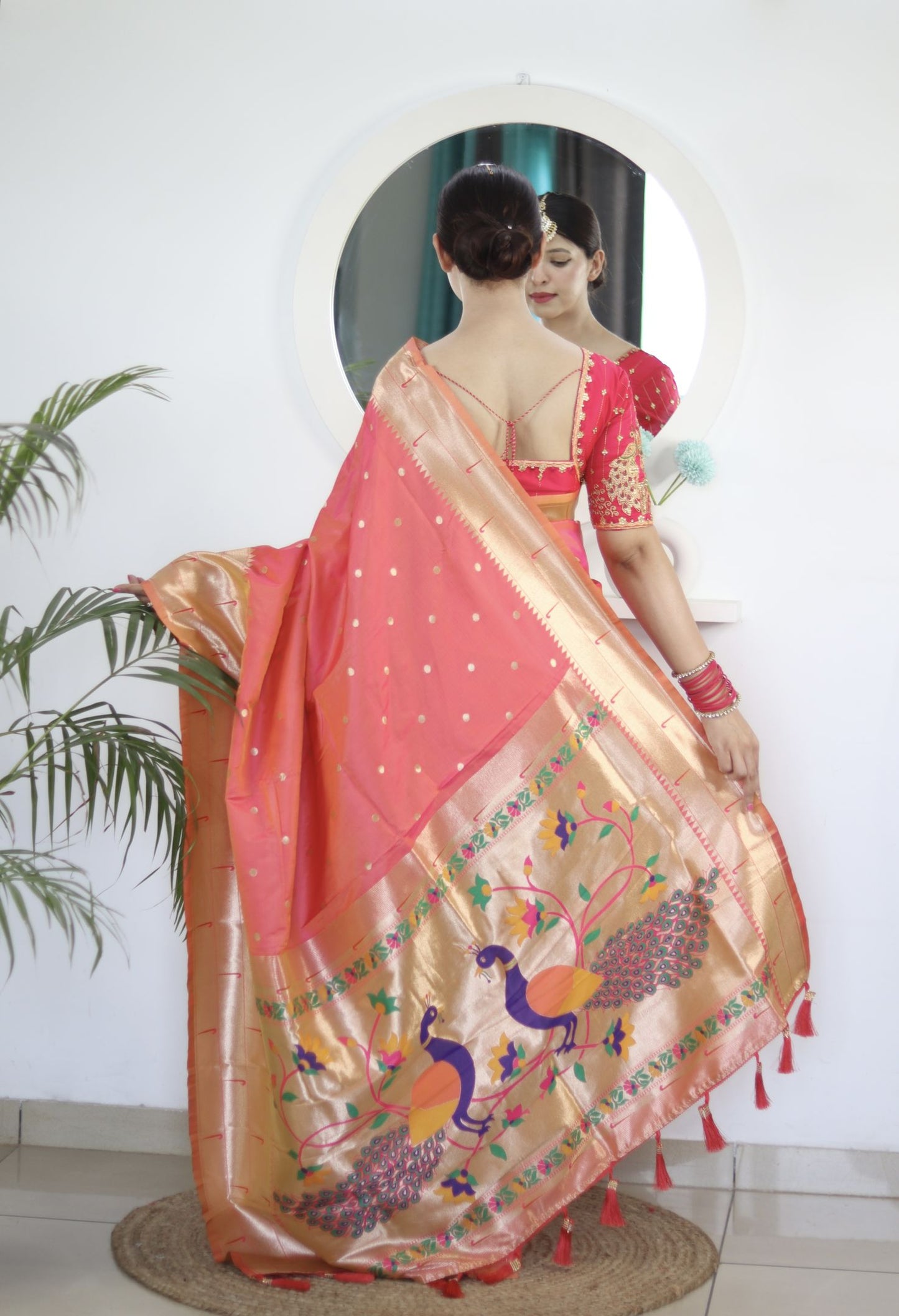 Gajri Paithani Silk Saree: Woven Jacquard Designer, Embroidery Work Blouse