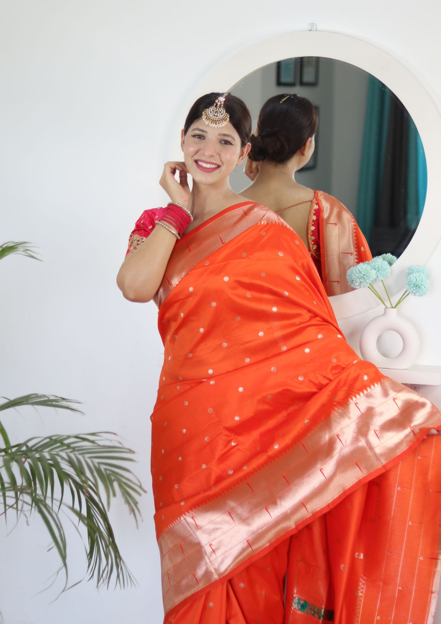 Orange Paithani Silk Saree: Woven Jacquard Designer, Embroidery Work Blouse
