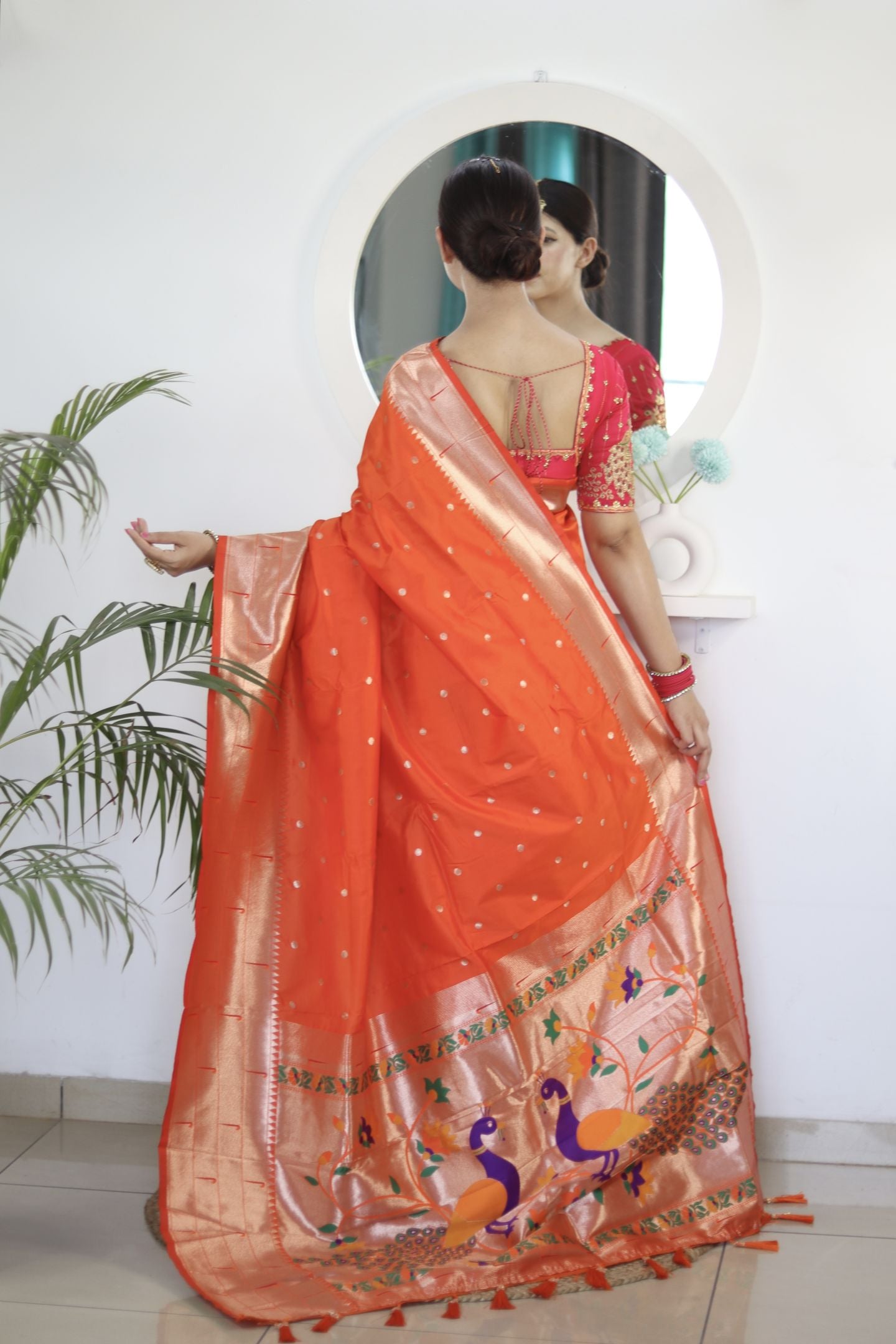 Orange Paithani Silk Saree: Woven Jacquard Designer, Embroidery Work Blouse