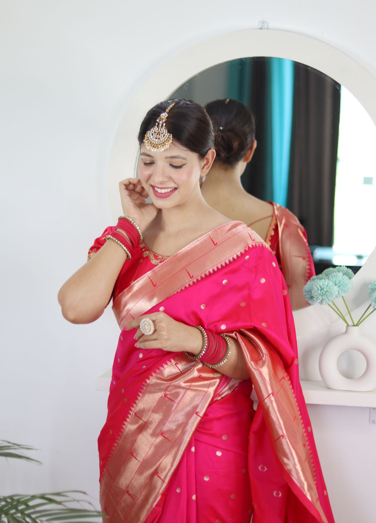 Mild Pink Paithani Silk Saree: Woven Jacquard Designer, Embroidery Work Blouse