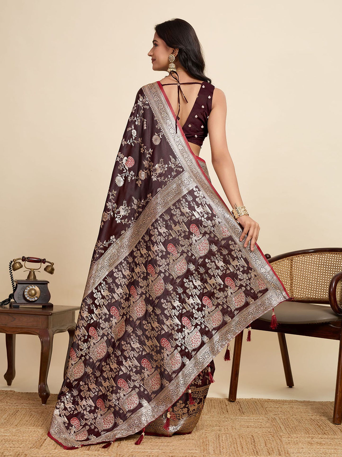 Wine Two-Tone Satin Silk Saree: Woven Jari Designer Work