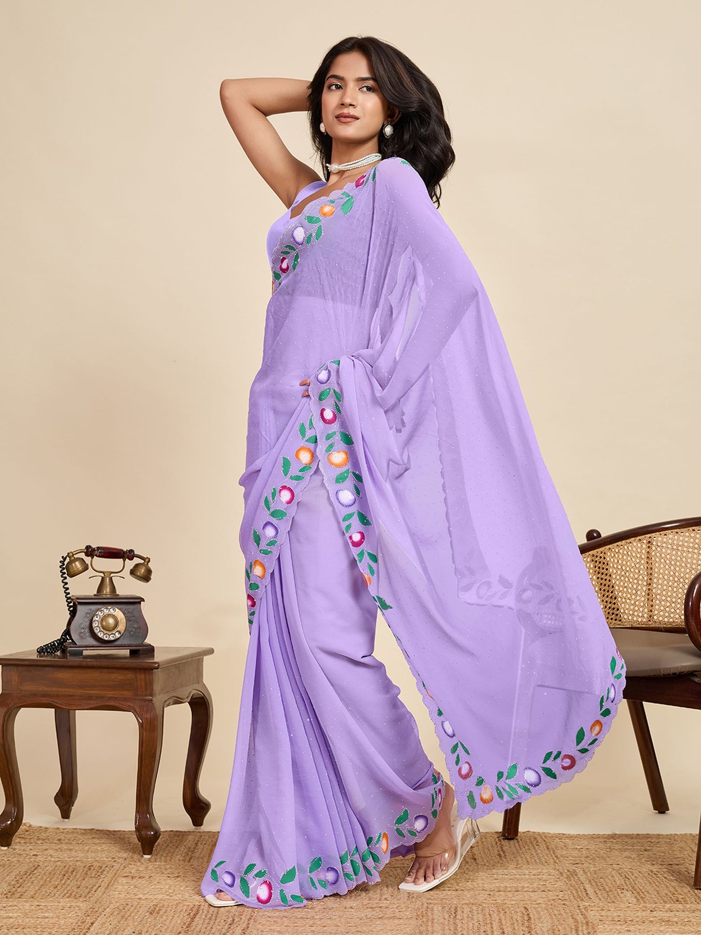 Purple Georgette Saree: Brush Printed with Swarovski Work