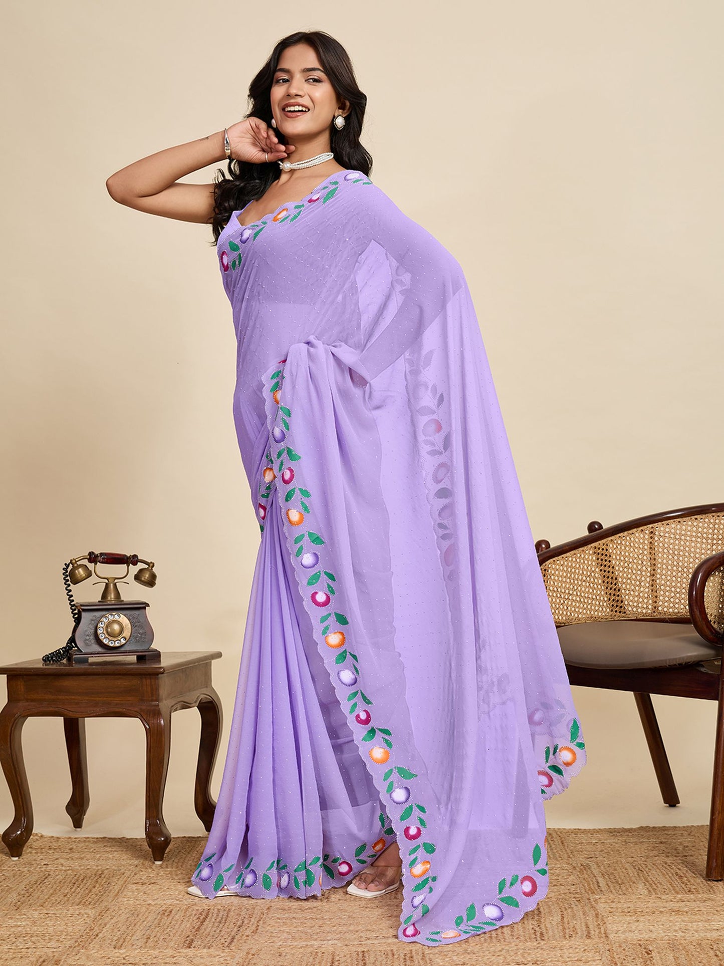 Purple Georgette Saree: Brush Printed with Swarovski Work