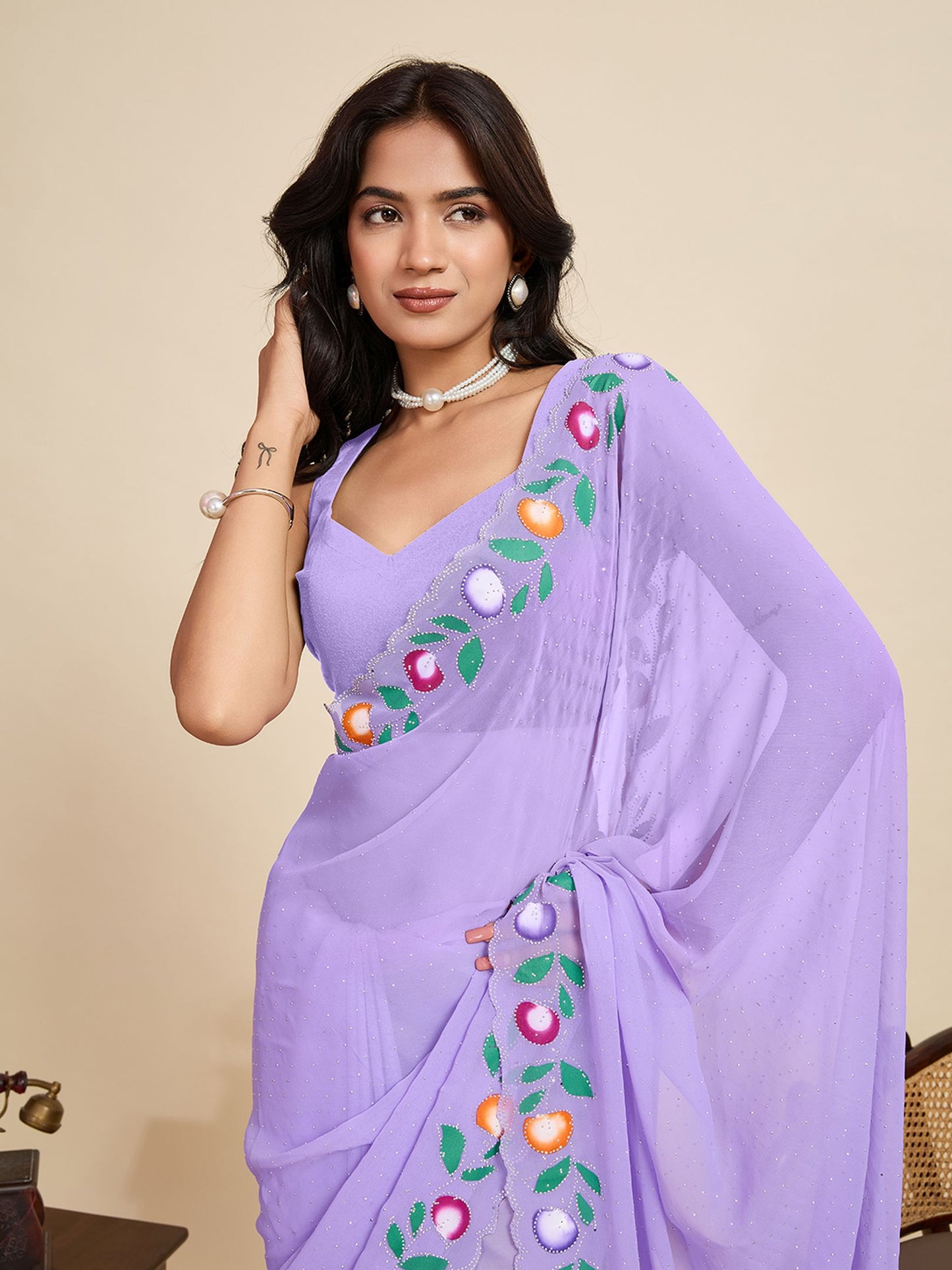 Purple Georgette Saree: Brush Printed with Swarovski Work