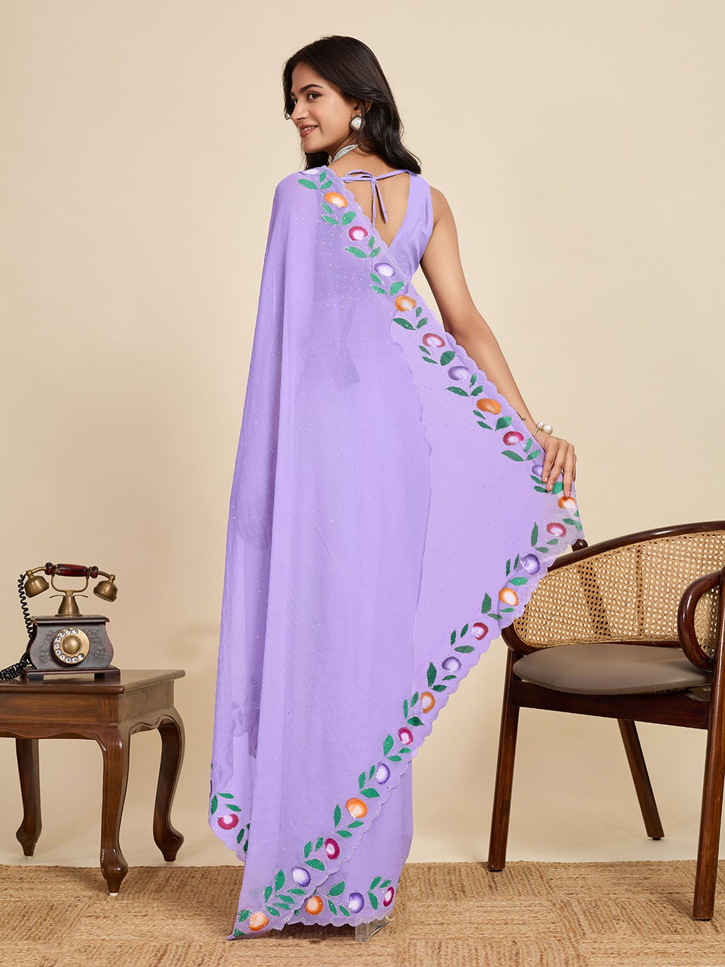 Purple Georgette Saree: Brush Printed with Swarovski Work