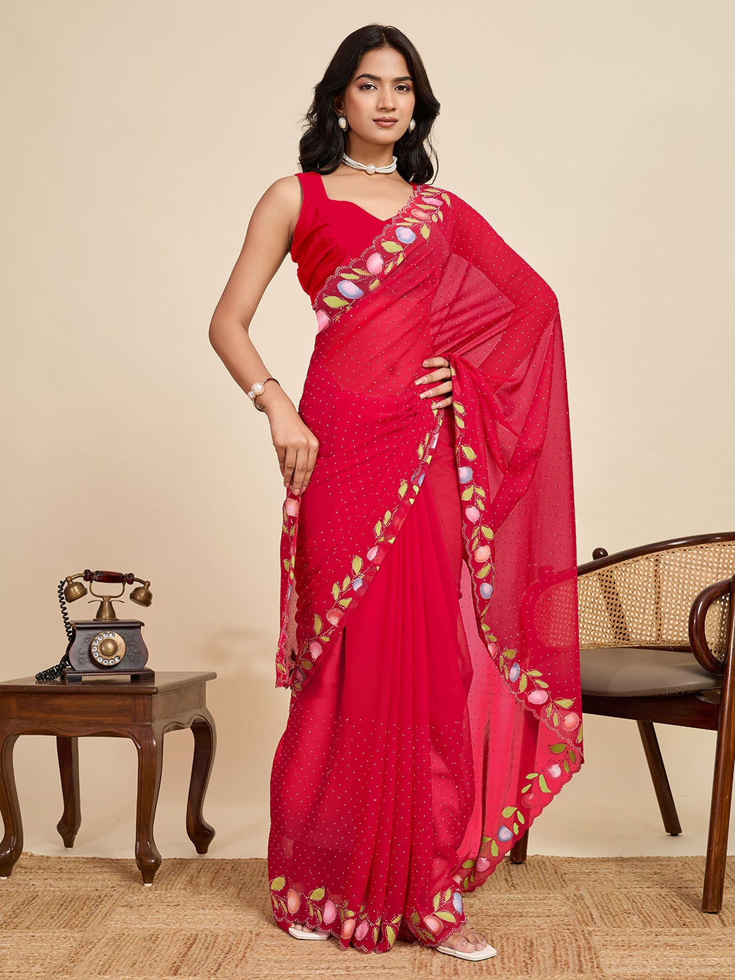 Red Georgette Saree: Brush Printed with Swarovski Work