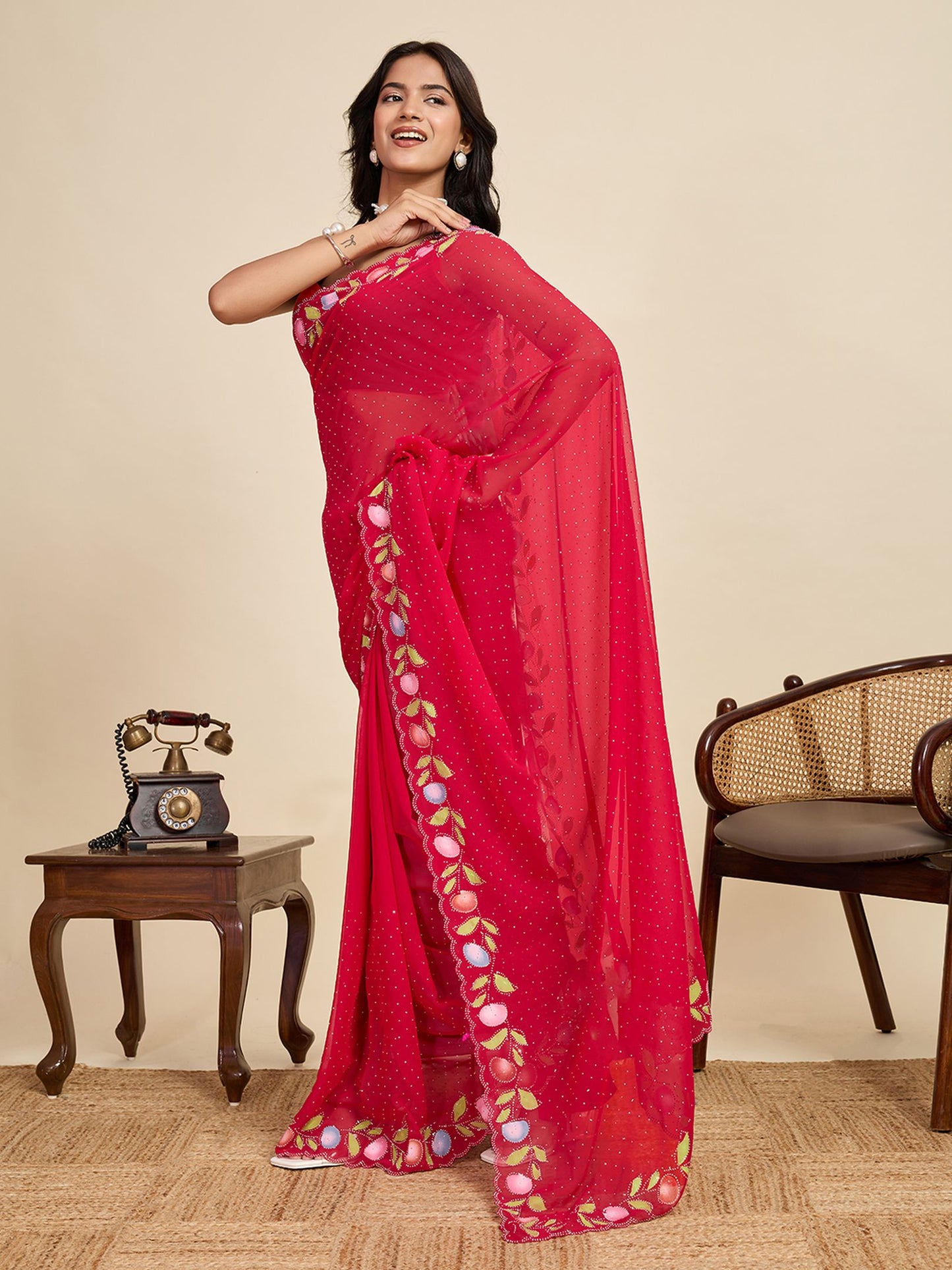 Red Georgette Saree: Brush Printed with Swarovski Work