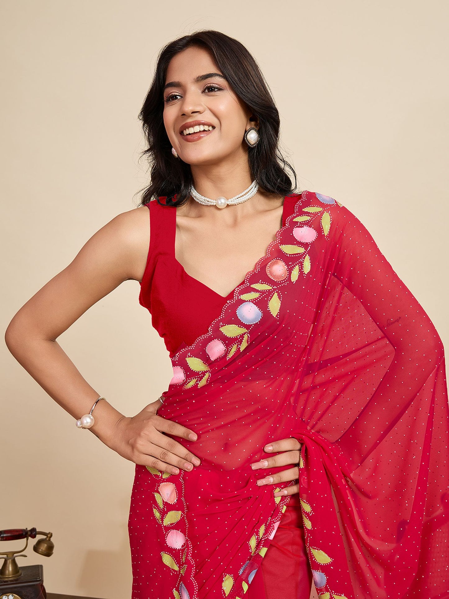 Red Georgette Saree: Brush Printed with Swarovski Work