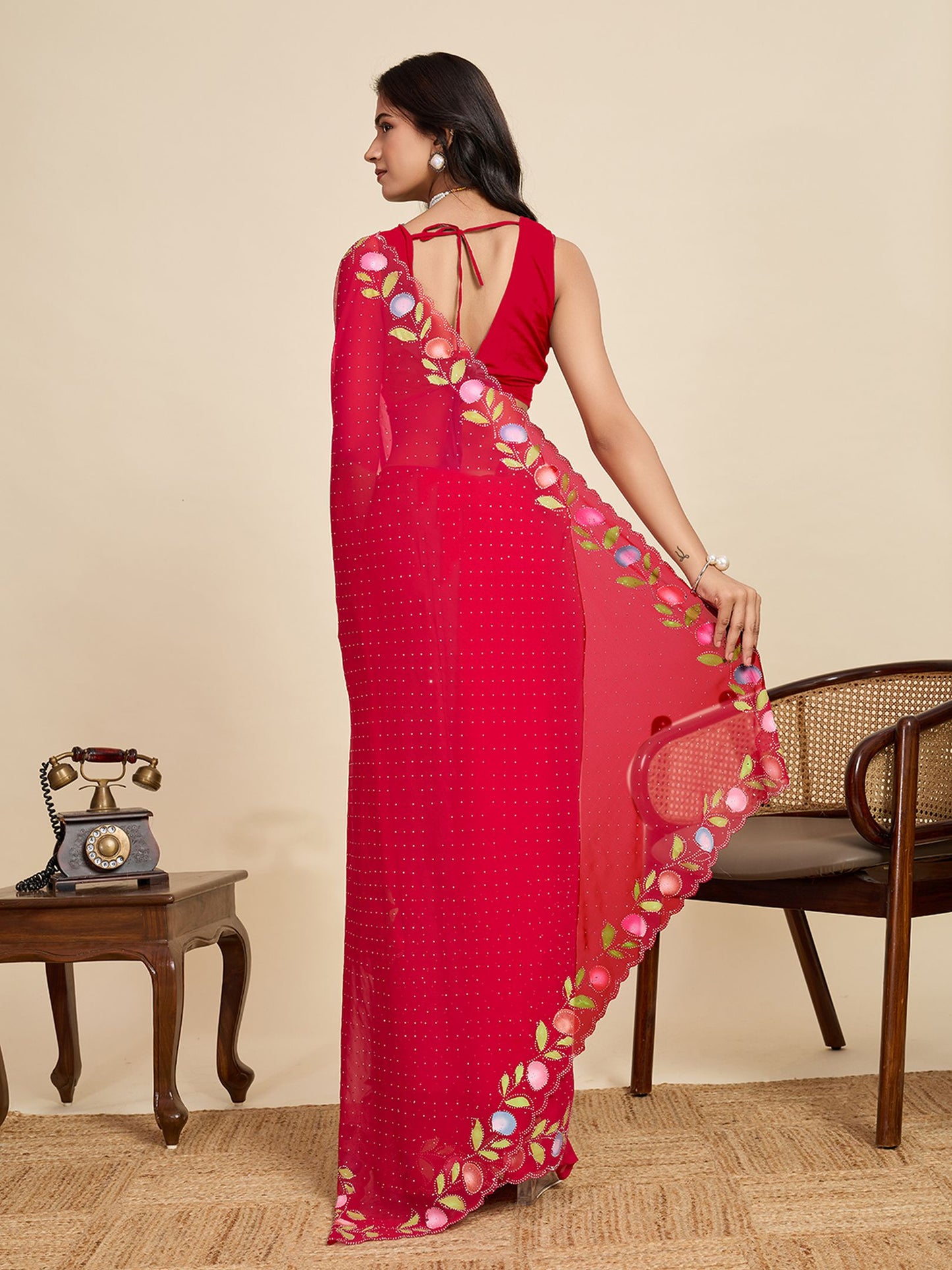 Red Georgette Saree: Brush Printed with Swarovski Work