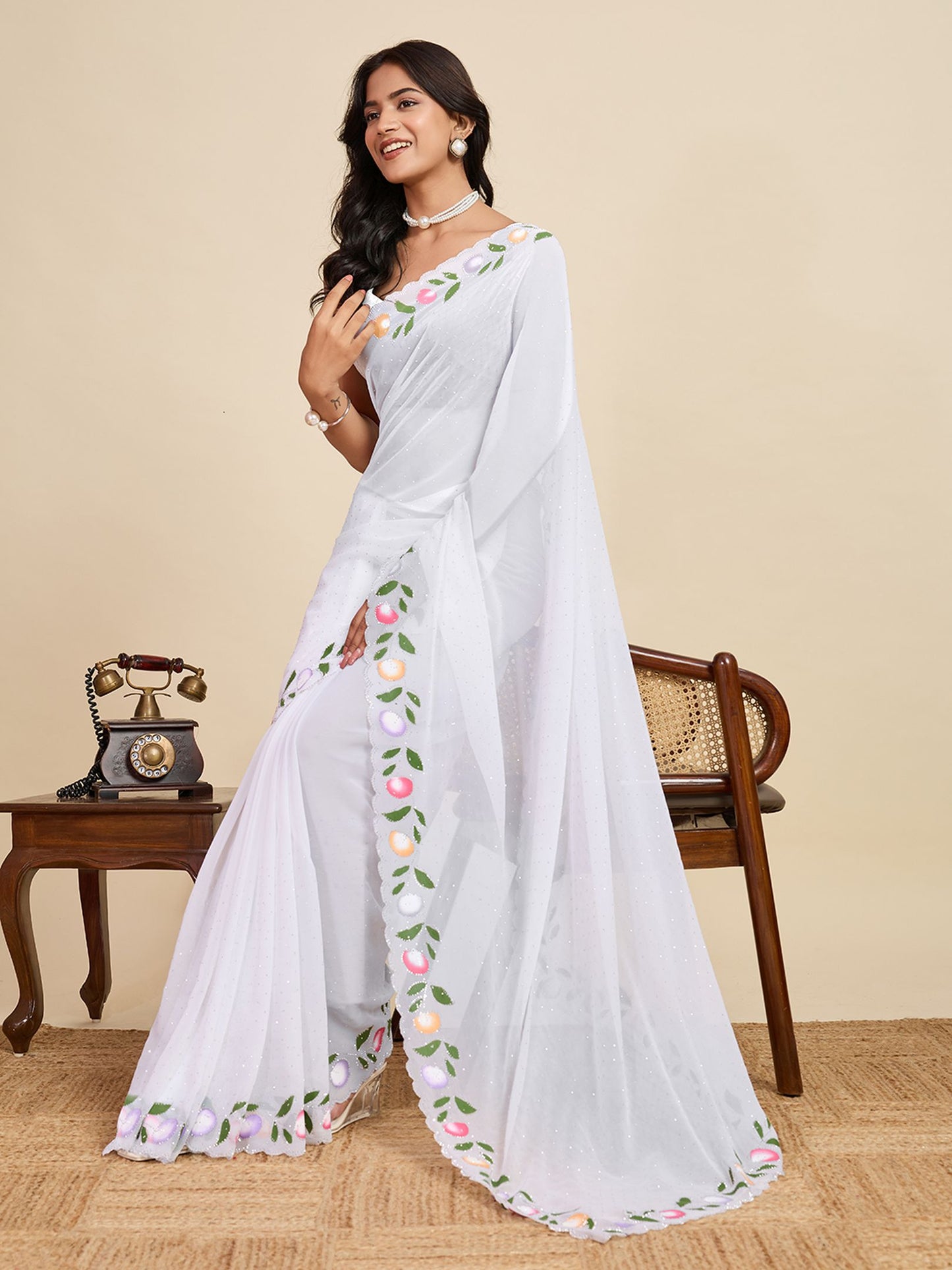 White Georgette Saree: Brush Printed with Swarovski Work