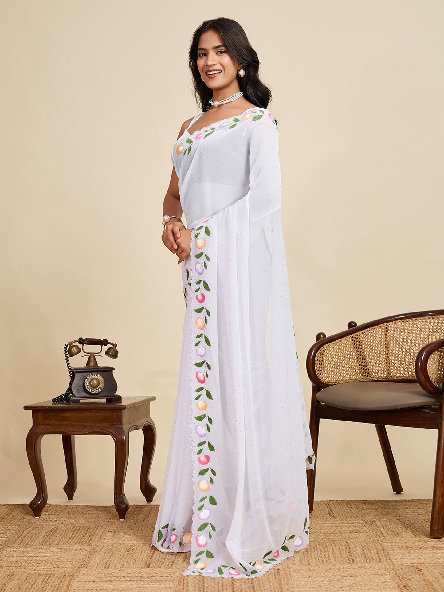 White Georgette Saree: Brush Printed with Swarovski Work