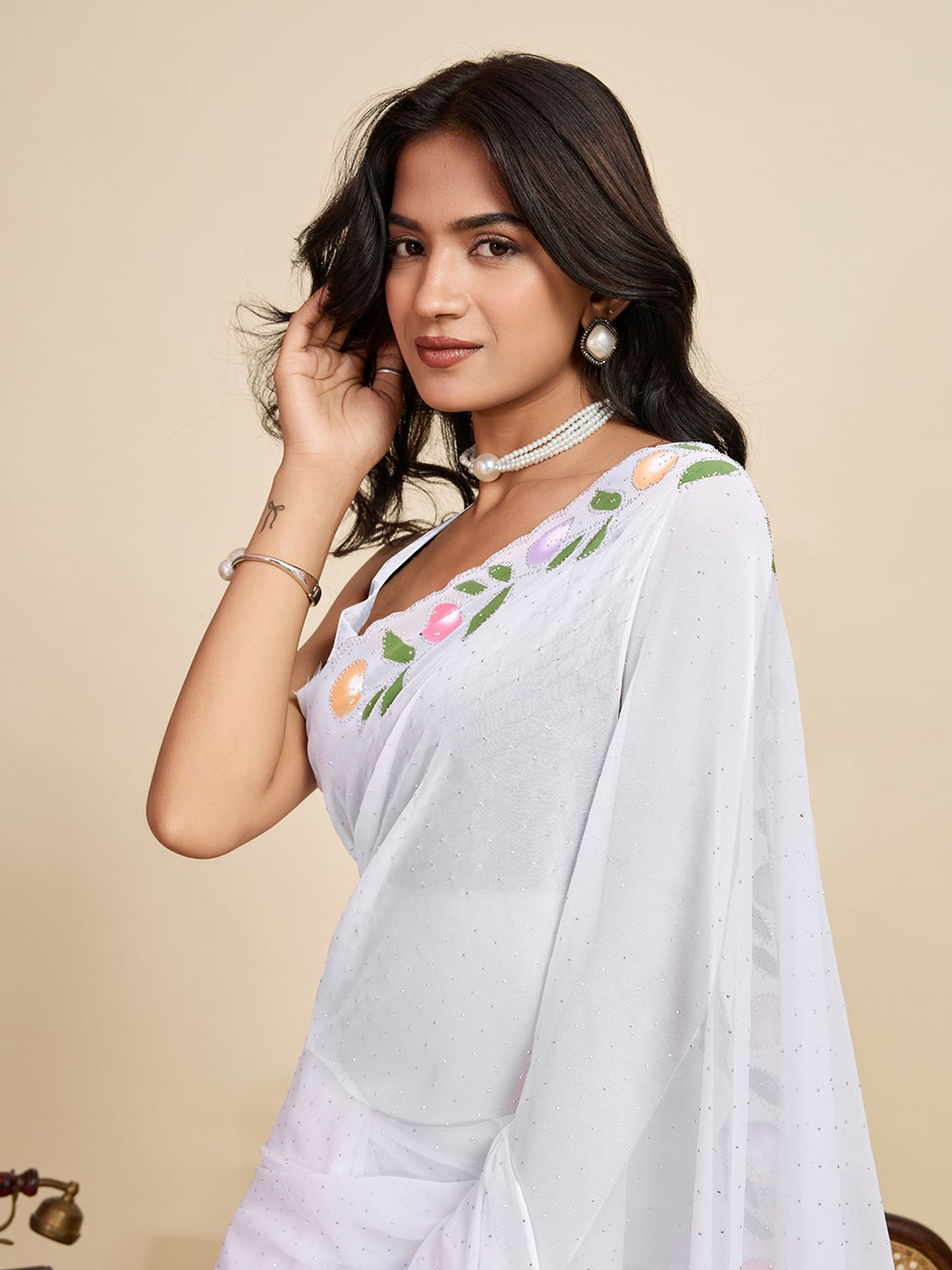 White Georgette Saree: Brush Printed with Swarovski Work
