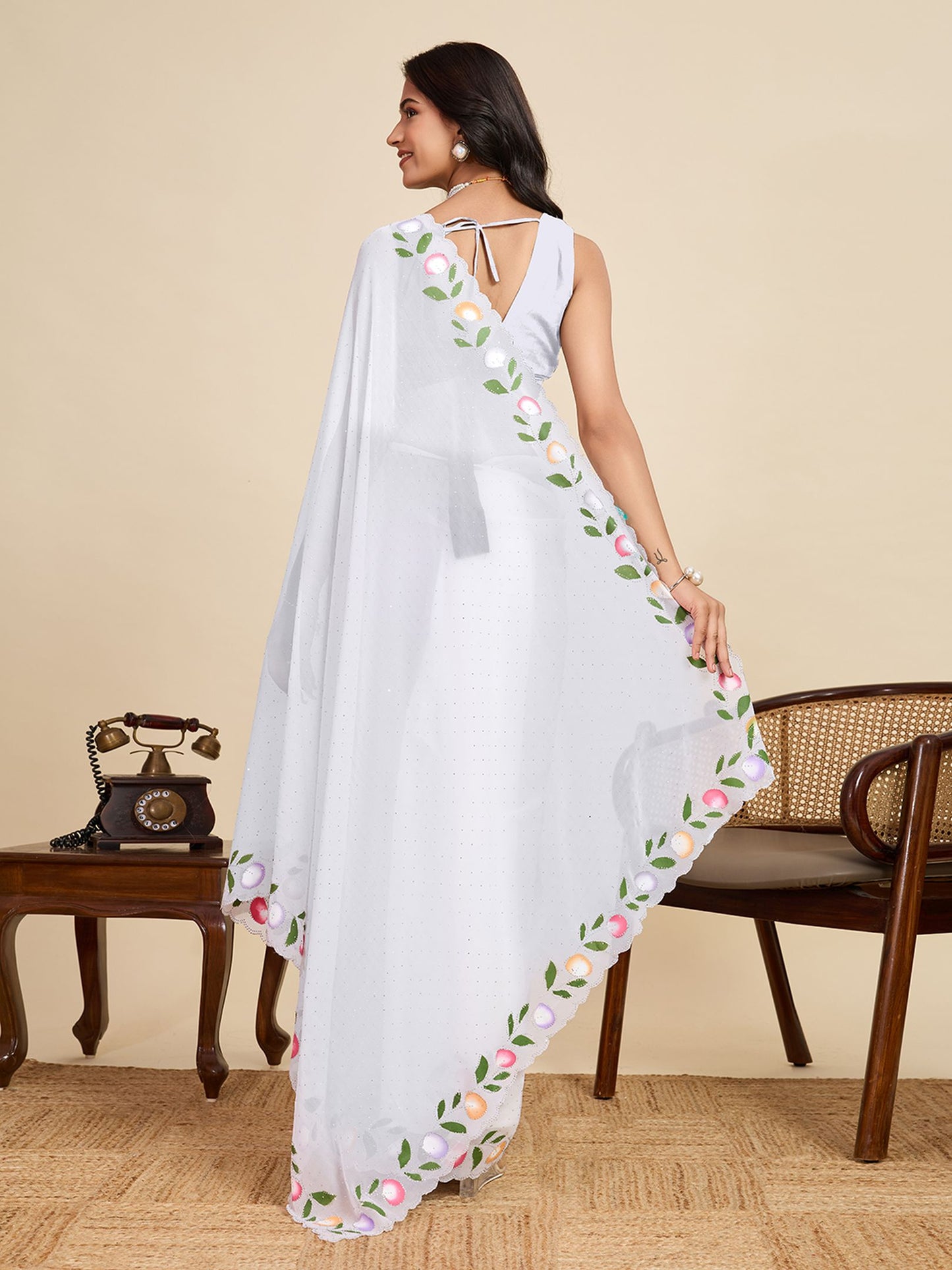 White Georgette Saree: Brush Printed with Swarovski Work