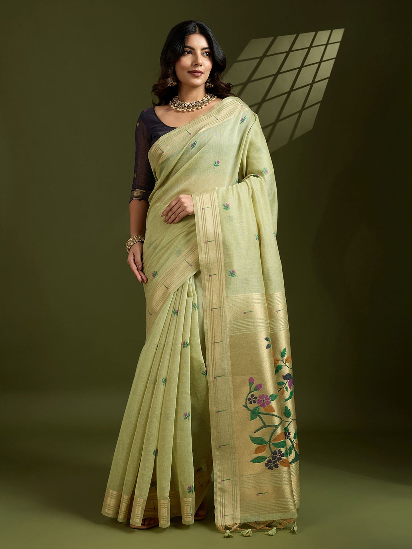 Traditional Green Muga Cotton Saree with Earthy Brown Paithani Blouse