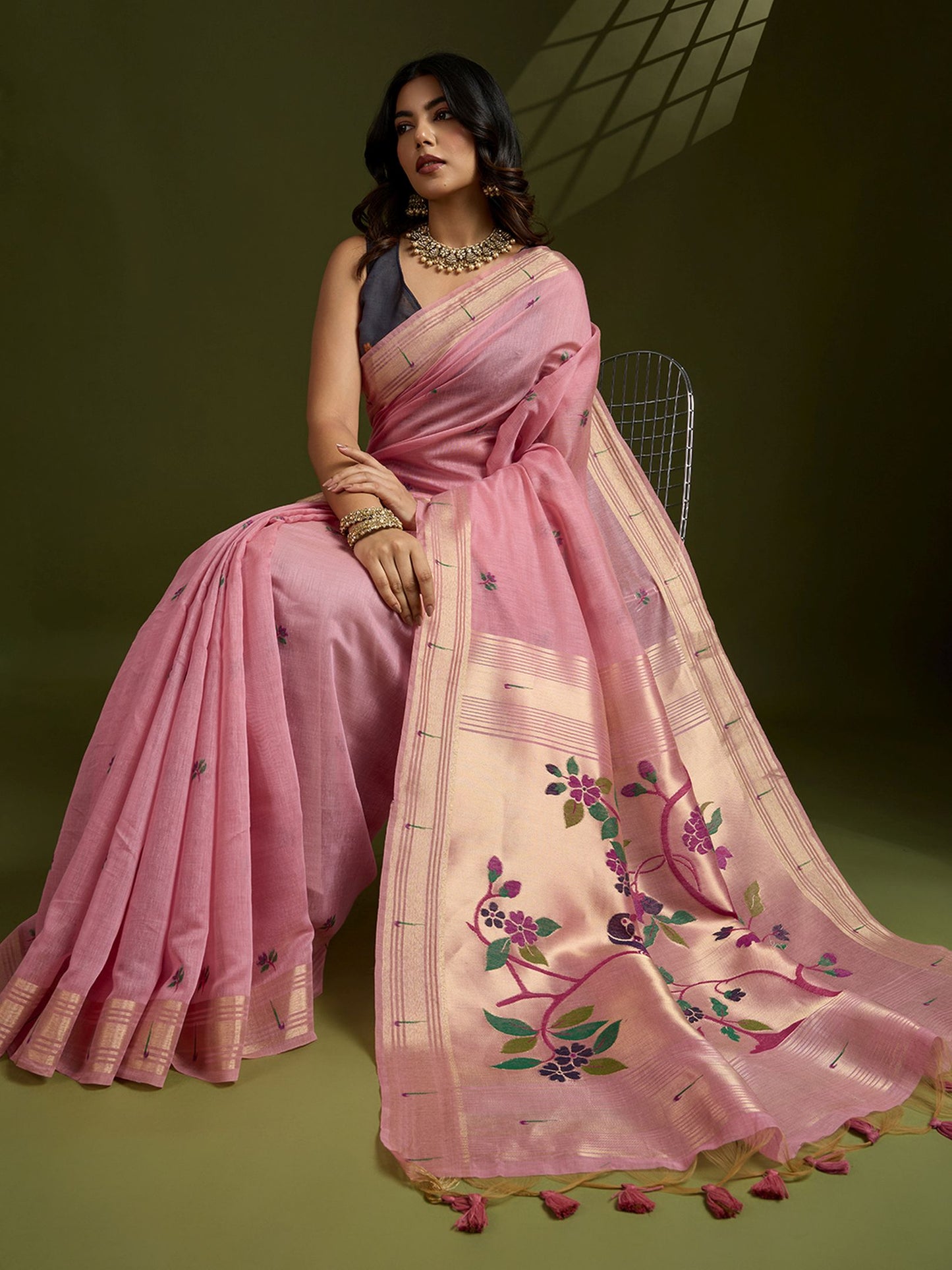 Elegant Pink Muga Cotton Saree with Classic Coffee Contrast and Paithani Work