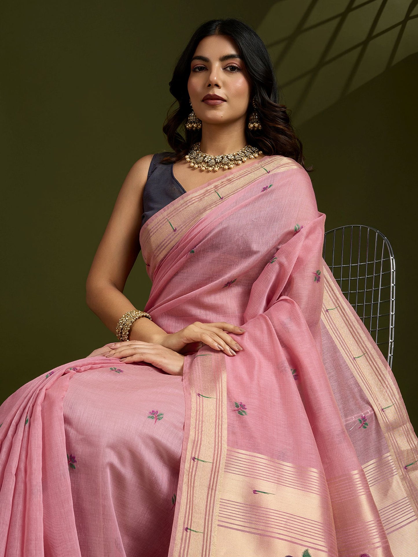Elegant Pink Muga Cotton Saree with Classic Coffee Contrast and Paithani Work