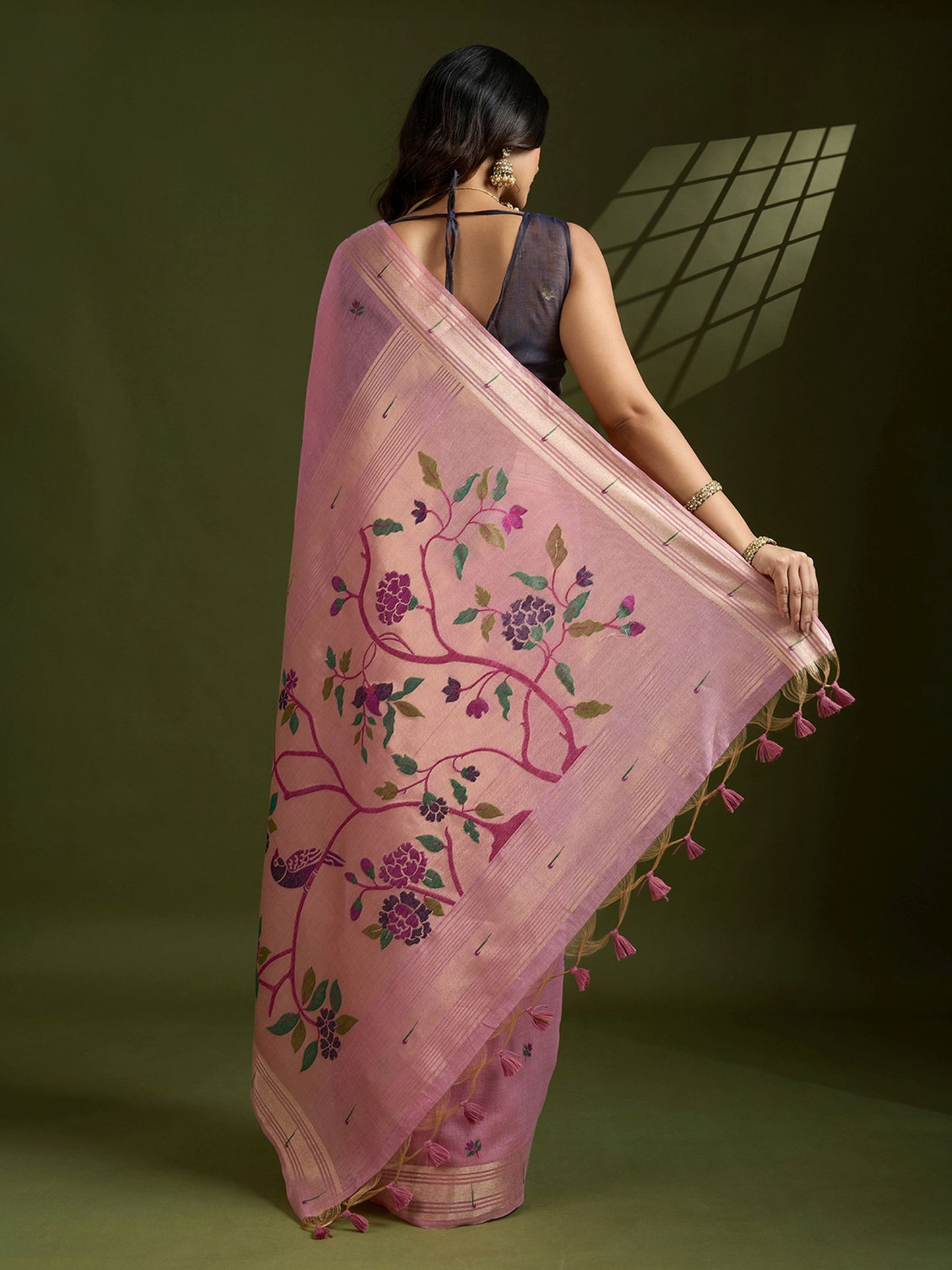 Elegant Pink Muga Cotton Saree with Classic Coffee Contrast and Paithani Work