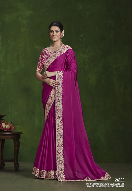 Pink Habotai Silk Saree: Handworked Sequins, Pure Silk Blouse for the Ranjhana Collection