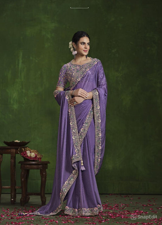 Lavender Habotai Silk Saree: Dual Sequence, Handwork, Stitched Blouse from the Ranjhana Collection