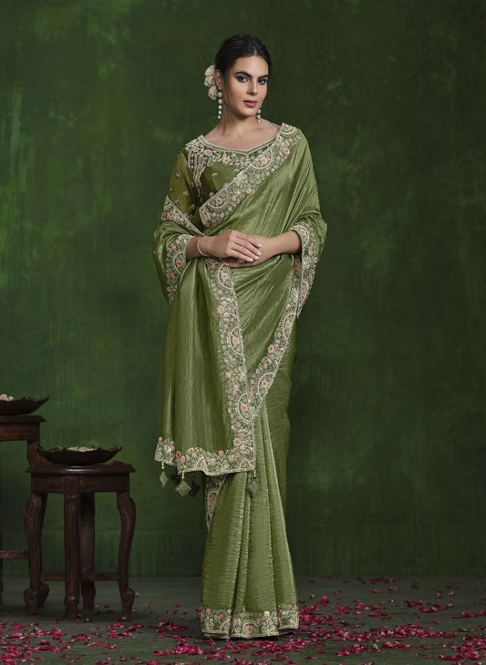 Green Crush Paper Silk Saree: Sequence & Diamond Work, Stitched Blouse from Ranjhana Collection