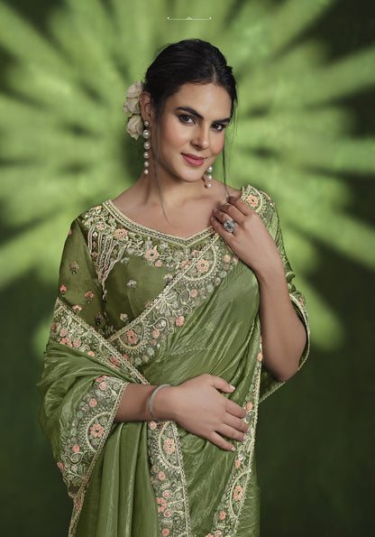 Green Crush Paper Silk Saree: Sequence & Diamond Work, Stitched Blouse from Ranjhana Collection