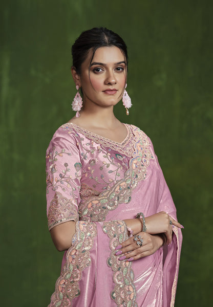 Pink 2-Tone Satin Silk Saree: Sequence Handwork, Stitched Blouse from the Ranjhana Collection