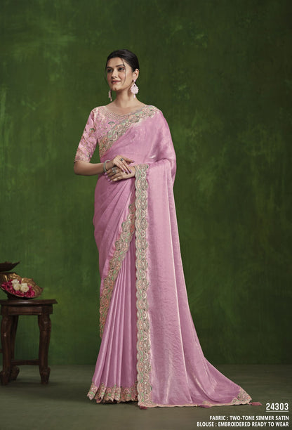 Pink 2-Tone Satin Silk Saree: Sequence Handwork, Stitched Blouse from the Ranjhana Collection