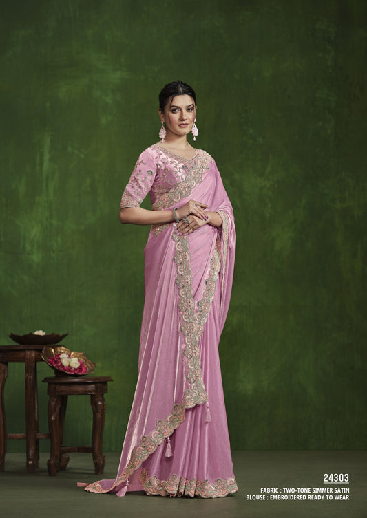 Pink 2-Tone Satin Silk Saree: Sequence Handwork, Stitched Blouse from the Ranjhana Collection