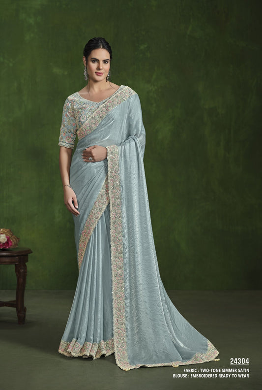 Sea Green 2-Tone Satin Silk Saree: Multi-Sequence Handwork, Stitched Blouse from Ranjhana Collection