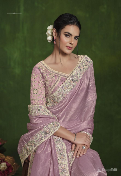 Dusty Pink Crush Paper Silk Saree: Dual Sequence Handwork, Stitched Blouse from Ranjhana Collection