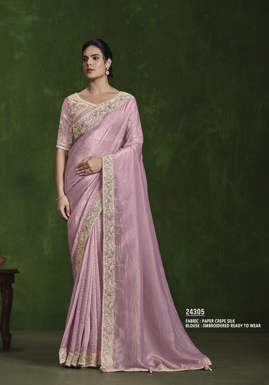 Dusty Pink Crush Paper Silk Saree: Dual Sequence Handwork, Stitched Blouse from Ranjhana Collection