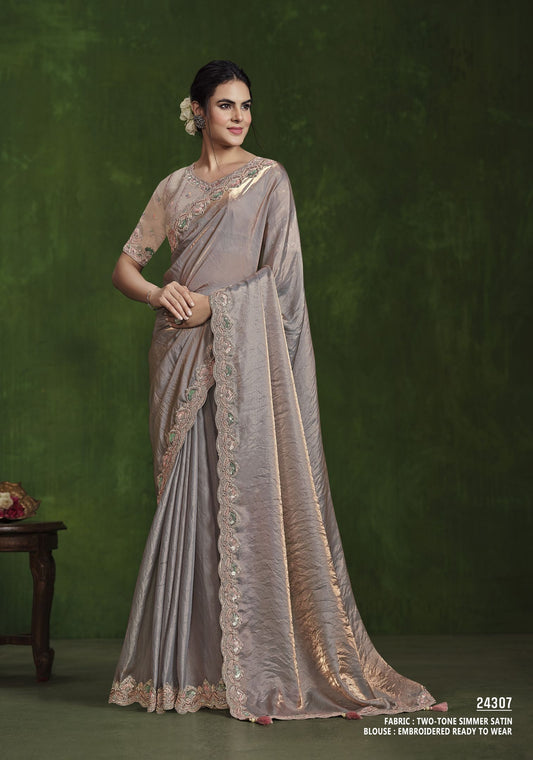 Peach 2-Tone Satin Silk Saree: Dual Sequence, Diamond Work, Stitched Blouse from Ranjhana Collection