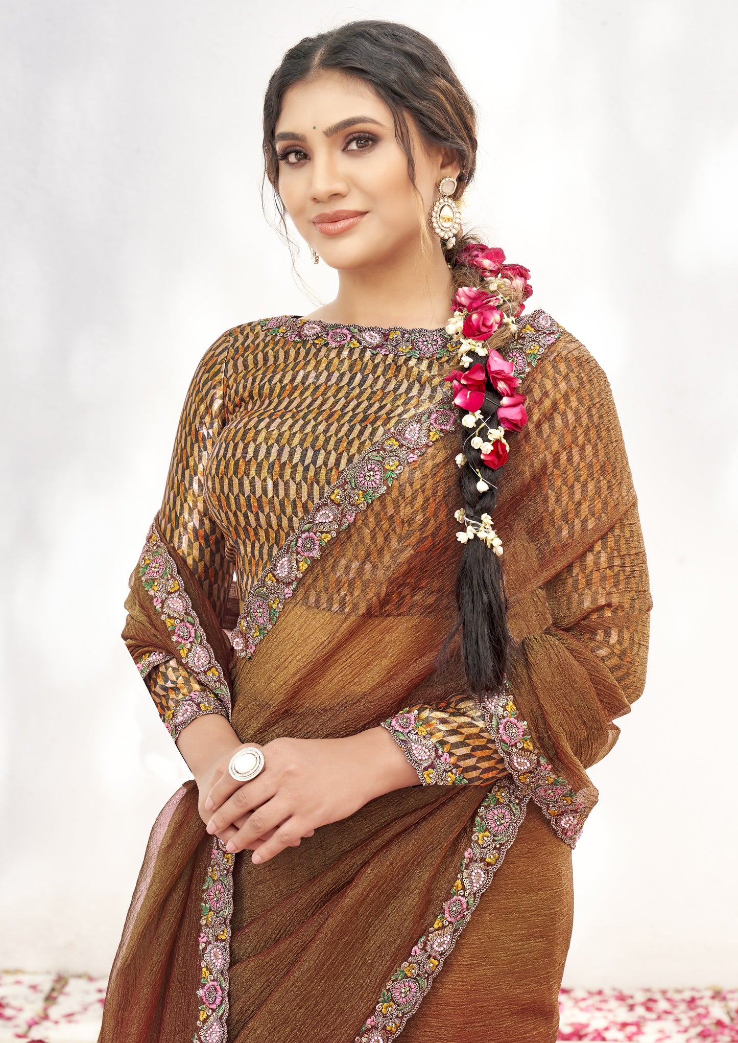 VARYA by Norita Rust Crepe Shimmer Silk Handwork Saree with Unstitched Blouse