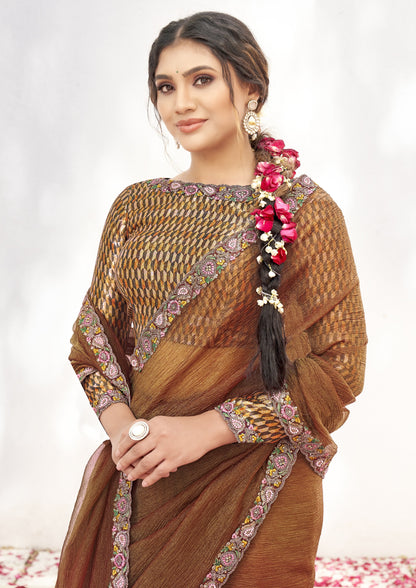 VARYA by Norita Rust Crepe Shimmer Silk Handwork Saree with Unstitched Blouse