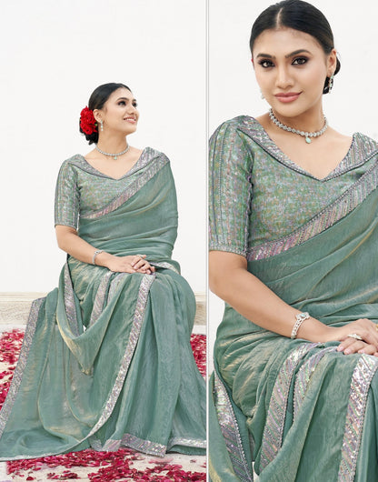 VARYA Sea Green Two Tone Satin Silk Handwork Saree with Unstitched Blouse